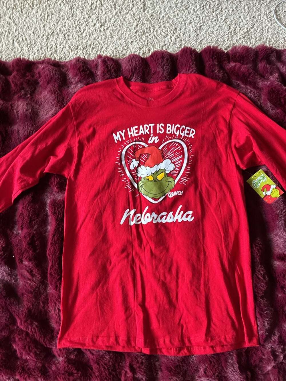 Dr. Seuss The Grinch My Heart Is Bigger In Nebraska Long Sleeve Tee Sz L A545
